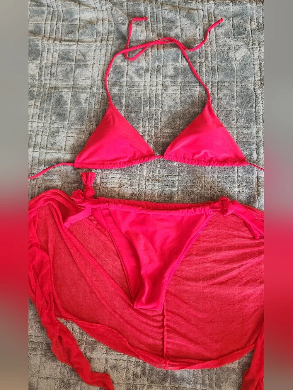 Women's 3 Piece Red Swimsuit Triangle Halter Thong Bikini Set with Cover Up, S